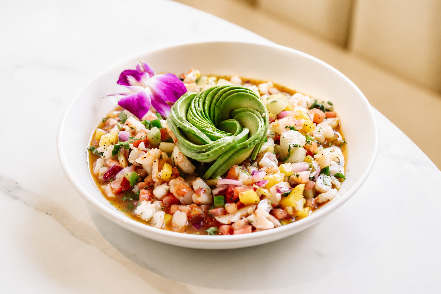 Vibrant ceviche with avocado rose